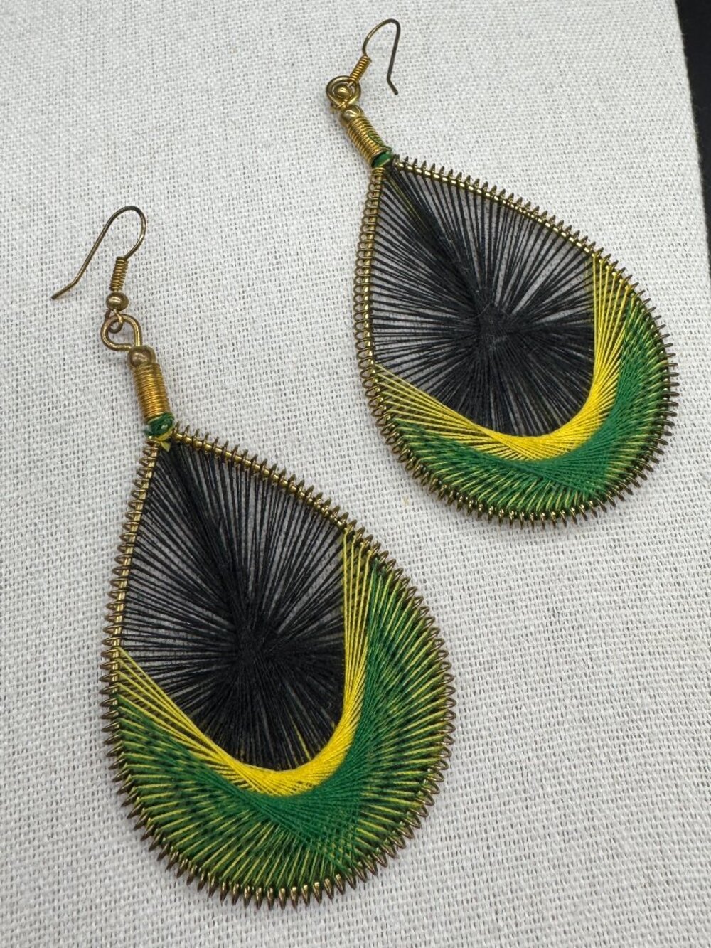 Dangling Pierced Earrings Green Black Yellow Threads Artisan Made Boho